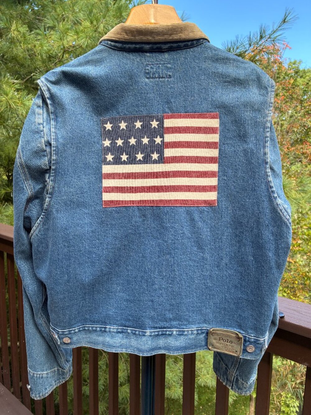 Vintage Ralph Lauren Polo Trucker Denim Jean Jacket, Flag Back, Corduroy Collar